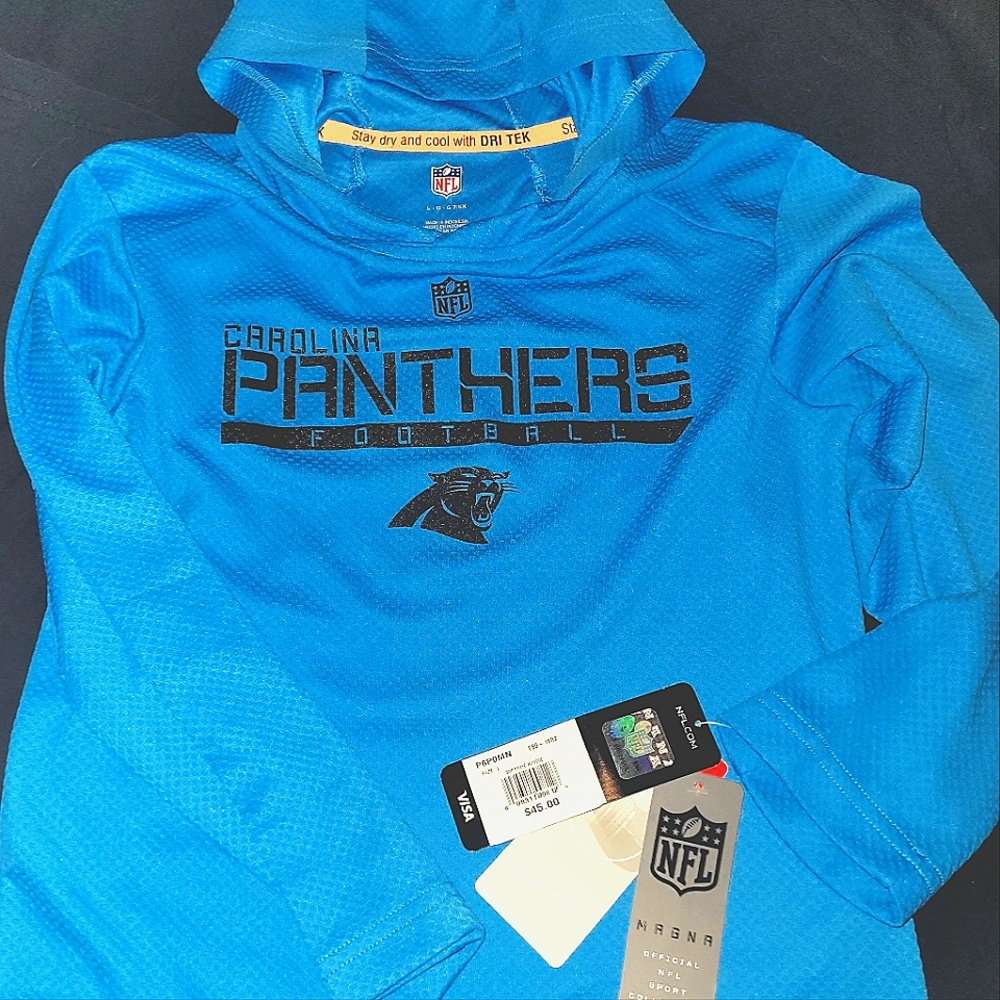 NEW W/ TAGS KIDS LARGE NFL BRAND CAROLINA PANTHERS HOODIE IT' MADE WITH DRI TEK